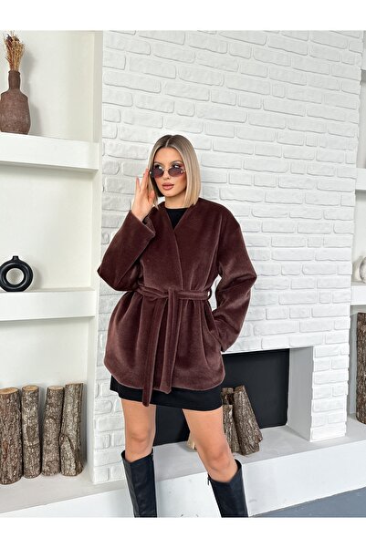 MODAMERSİ Women's Brown Belted Lined Fur Coat
