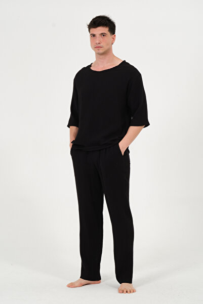 RELAXL 100% Cotton Muslin Baggy Black Sweatpants Home Wear