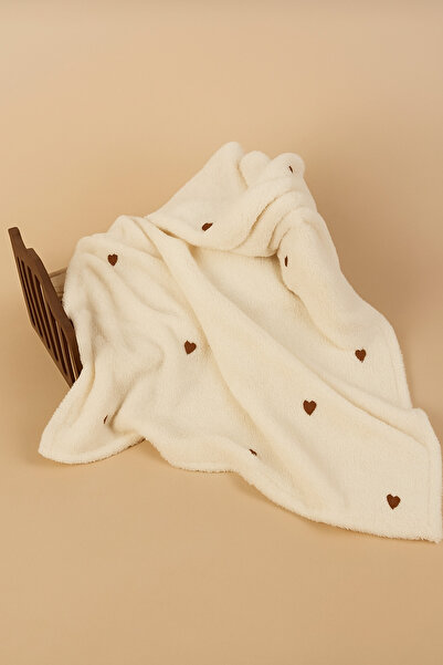 DensHaus Brown Heart Patterned Embroidered Baby Blanket 90X110 Cream Wellsoft