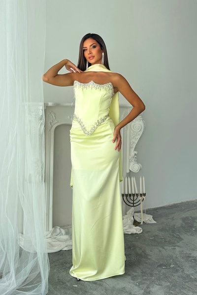 İyem Abiye Şal Ve Taş Detaylı Şık Özel Tasarım Saten Abiye Elbise Dar Kalıp