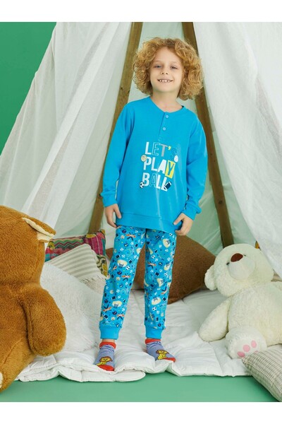 Aydoğan Boy's Blue Pajama Set 100% Cotton Interlock Long Sleeve A12-1 - 240734 - Aydogan ®