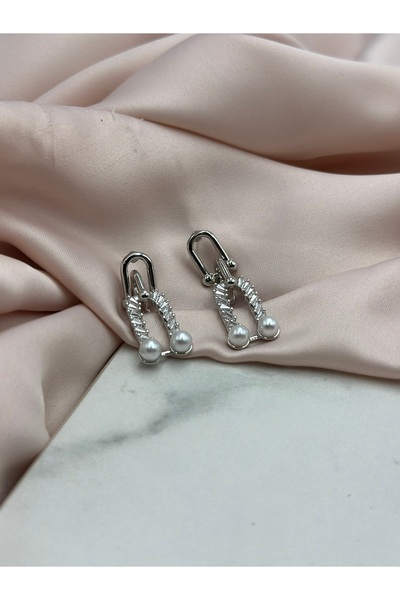 Unzilee Silver Zircon Stone Pearl Detailed Brand Model Steel Earrings