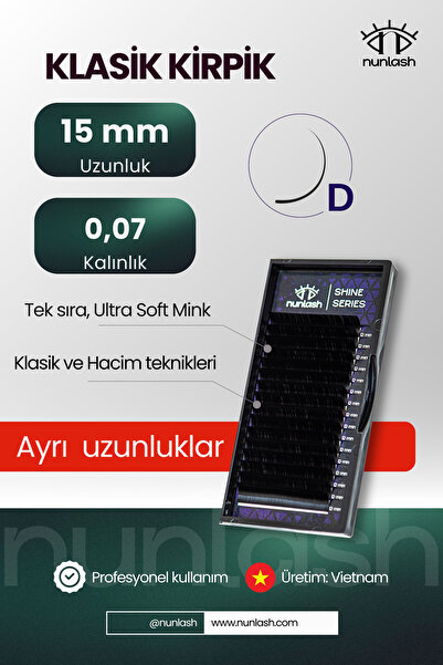 KLASİK İpek Kirpik D; 0,07; 15mm (Tekli kirpikler; Ayrı uzunluklar)
