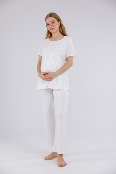 LOHOUSE Women's Ecru Striped Linen Maternity Pajama Set with Dressing Gown, 3-Piece Pajama Set