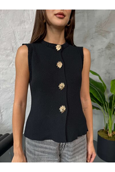 Elif Özbey Butik Black Gold Buttoned Steel Knitted Vest