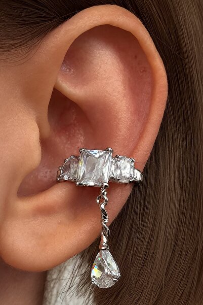 TAKIŞTIR Gümüş Renk Taş Detaylı 14K Altın Kaplama TX Ear Cuff (Tek)