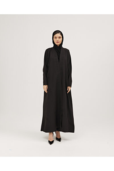 SOROSE SA عباية كريب كلوش بياقة أمامية مطرزة بتطريز نجدي - لون أسود