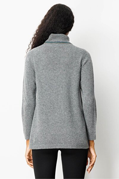 Desen Triko Women's Degaje Collar Pocket and Collar Crocheted Wool Sweater Smoked