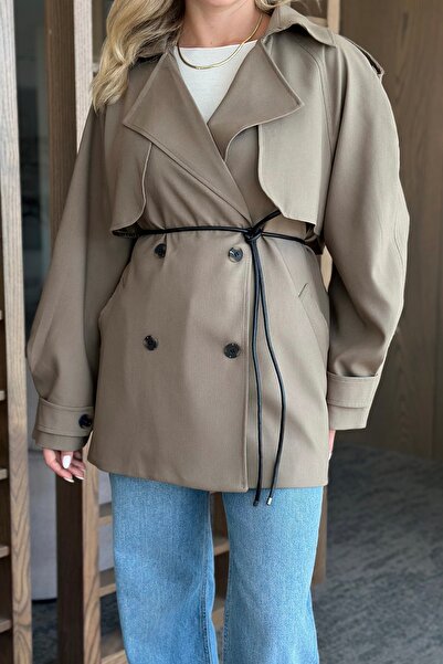 Laluvia Khaki Leather Rope Belted Windbreaker Trench Coat - 7488