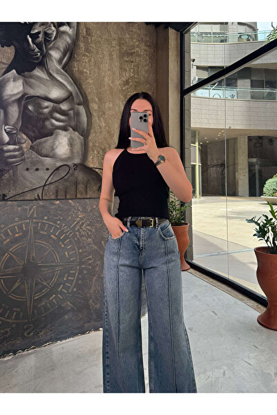 missswans Leiry High Waist Wide Leg Premium Quality Jeans with Front Slits Tint Blue