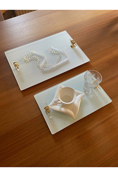 Hobi Stok Set de 2 tăvi pentru inele de logodnă - tavă pentru inele din sticlă cu mâner auriu, cu panglică pentru inele cu perle ca cadou