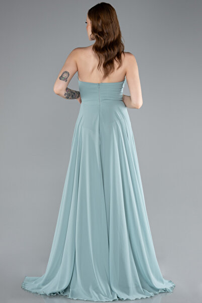 Abiyefon Mint Straplez Bacak Dekolteli Uzun Şifon Mezuniyet Elbisesi ABU4966