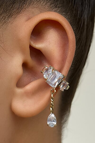 TAKIŞTIR Altın Renk Taş Detaylı Sallantılı 14K Altın Kaplama TX Ear Cuff (Tek)