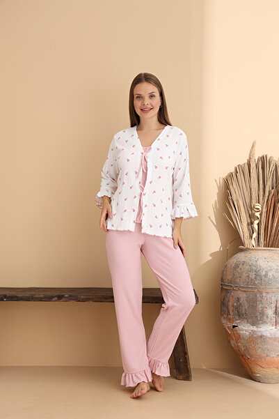 ELİTOL Rose Patterned Wrinkled Knitted Long Sleeve Women's Robe Pajama Set
