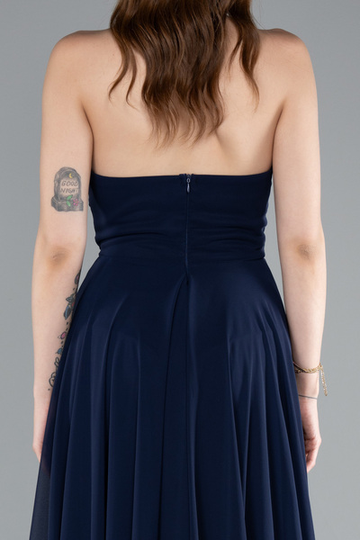 Abiyefon Lacivert Straplez Bacak Dekolteli Uzun Şifon Mezuniyet Elbisesi ABU4966