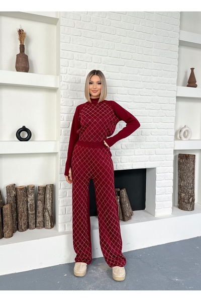 MODAMERSİ Women's Burgundy Knitwear Set with Stone Detail on the Bottom and Top