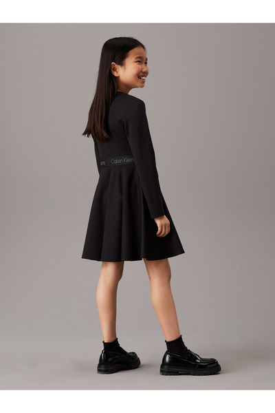 Calvin Klein Girls Black Long Sleeve Flared Punto Logo Dress