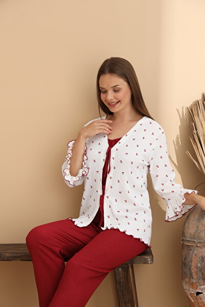 ELİTOL Жіночий халат з довгими рукавами та вишитим візерунком у вигляді вишень