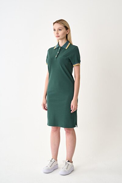 odelon Rochie de damă din piqué verde închis cu guler și mâneci cu nervuri