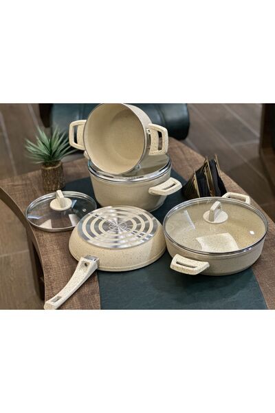 AYKUT Cream Granite Cookware Set - 7 Pieces - Glass Lid