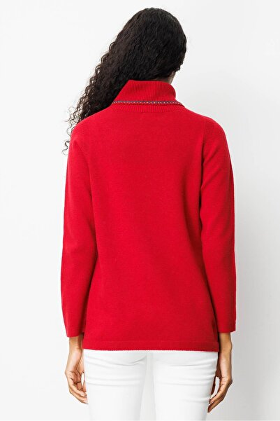 Desen Triko Women's Degaje Collar Pocket and Collar Crocheted Wool Sweater Dark Red