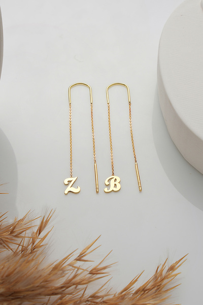 VeraDesignGold 14 Ayar Altın Küpe Zincir Sallantılı Harfli Altın Küpe-Tek Kulak Küpesi