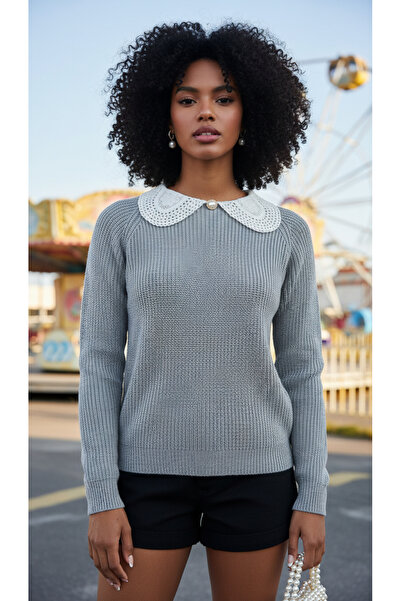 NİLZA Gray Lace Collar Pearl Button Knitwear Sweater