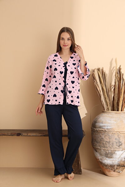 ELİTOL Heart Patterned Wrinkled Knitted Long Sleeve Women's Robe Pajama Set