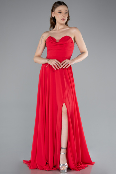 Abiyefon Kırmızı Straplez Bacak Dekolteli Uzun Şifon Mezuniyet Elbisesi ABU4966