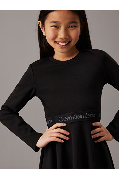 Calvin Klein Girls Black Long Sleeve Flared Punto Logo Dress
