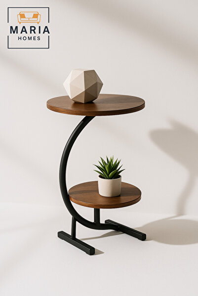 MARIA HOMES طاولة جانبية دائرية عصرية باللون البني بإطار معدني – طاولة مميزة من طبقتين (40×60 سم)