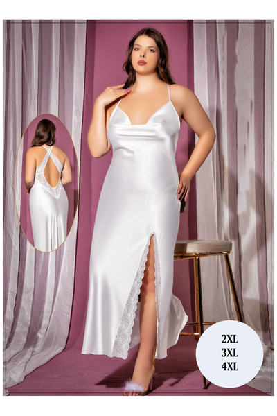 Viselya cu fantă Cămașă de noapte lungă din satin alb, mărime mare