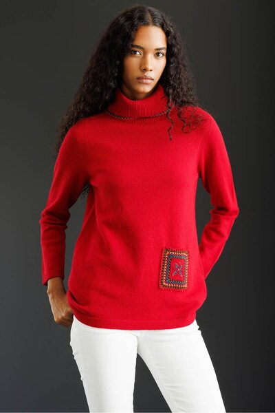 Desen Triko Women's Degaje Collar Pocket and Collar Crocheted Wool Sweater Dark Red