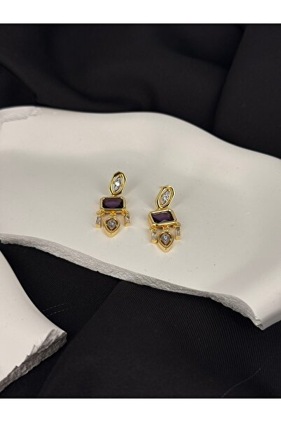 Unzilee Gold Detaylı Mor renkli Zirkon Taşlı Marka Model Küpe