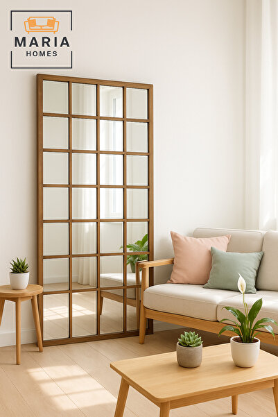 MARIA HOMES Natural Wooden Frame Wall Mirror with Grid Design – Decorative Full-Length Mirror (180×80 cm)