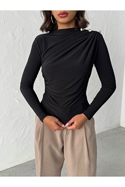 MELA ROSSA Γυναικεία μαύρη μπλούζα με μακρυμάνικο ύφασμα με κουμπιά στον ώμο