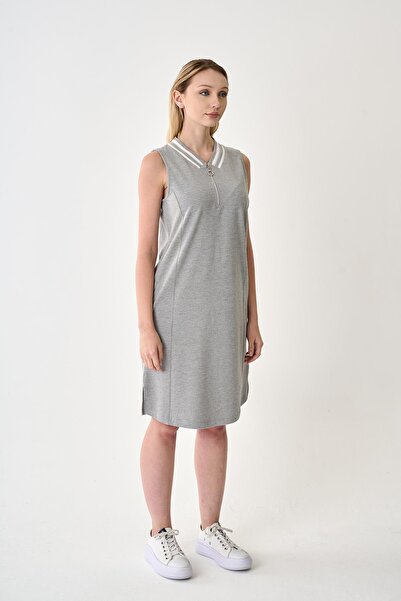 odelon Women's Zippered Gray Melange Pique Dress