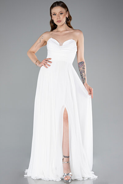 Abiyefon Ekru Straplez Bacak Dekolteli Uzun Şifon Mezuniyet Elbisesi ABU4966