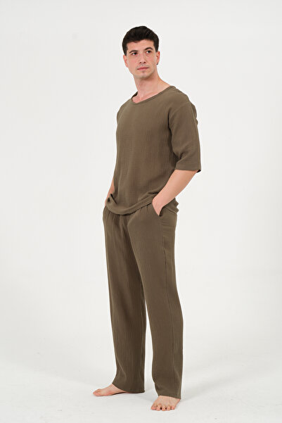 RELAXL 100% Cotton Loose Fit Muslin Wide Leg Khaki Sweatpants