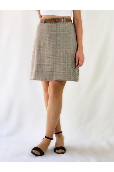 YAXİ Belted High Waist Ecru Plaid Pattern Woven Overknee Bell Skirt