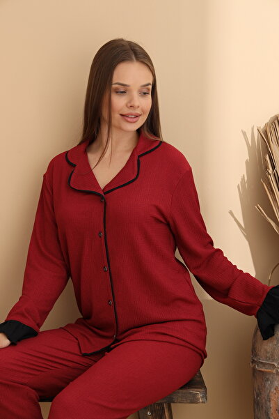 ELİTOL Burgundy Wrinkled Knitted Long Sleeve Women's Buttoned Pajama Set