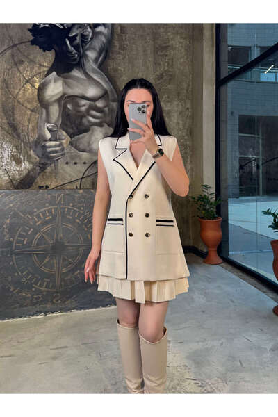 missswans Katrin Double-Breasted Collar Front Buttoned Sleeveless Jacket Vest Cream