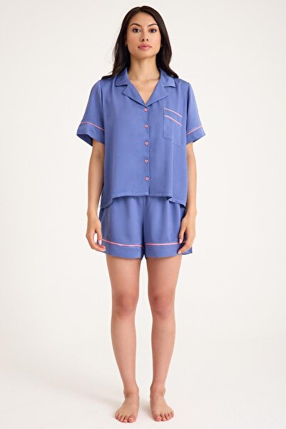 Amarelle Dream Blue/Pink Short Sleeve with Shorts Front Buttoned 4 Pieces Pajamas Suit Set