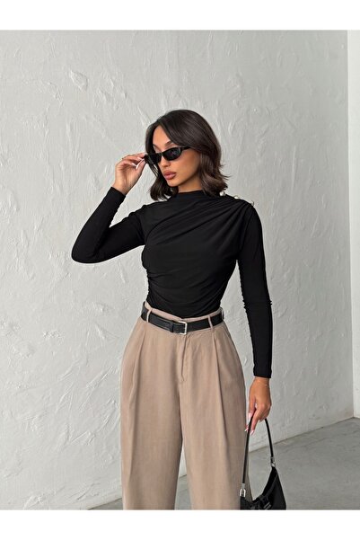 MELA ROSSA Γυναικεία μαύρη μπλούζα με μακρυμάνικο ύφασμα με κουμπιά στον ώμο