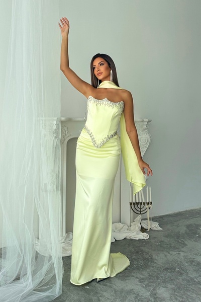 İyem Abiye Şal Ve Taş Detaylı Şık Özel Tasarım Saten Abiye Elbise Dar Kalıp