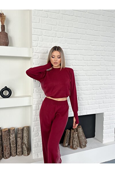 MODAMERSİ Women's Burgundy Stone Print Detailed Knitwear Bottom and Top Set