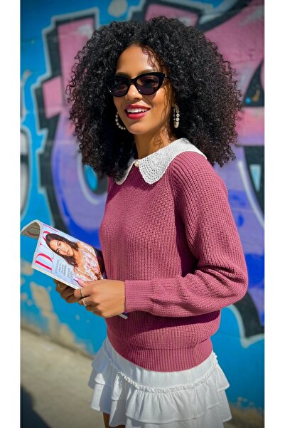 NİLZA Burgundy Lace Collar Pearl Button Knitwear Sweater