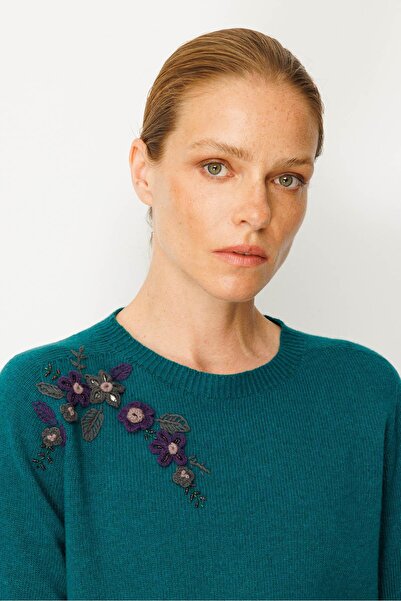 Desen Triko Women's Crew Neck Shoulder Embroidered Wool Sweater Early 2000S