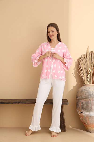 ELİTOL Heart Patterned Wrinkled Knitted Long Sleeve Women's Robe Pajama Set