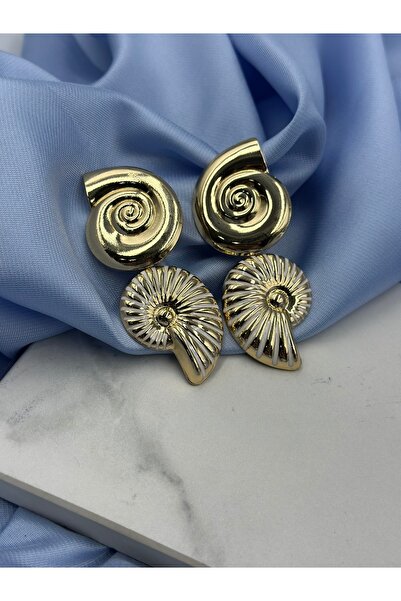 Unzilee Gold Gold Double Seashell Detailed Earrings